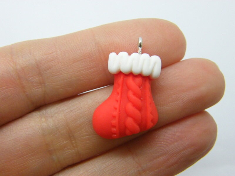 4 Christmas stocking charms white red resin CT407