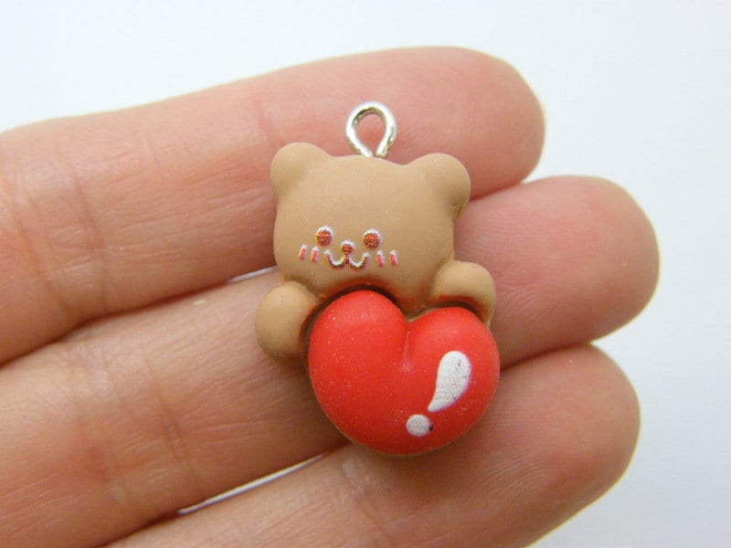 4 Heart bear charms brown red resin H191