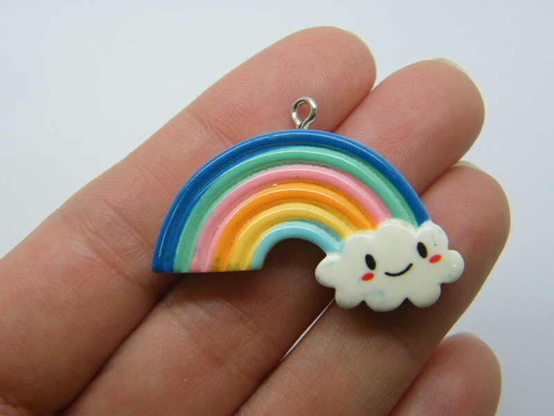 8 Rainbow cloud charms white resin silver screw bails S236