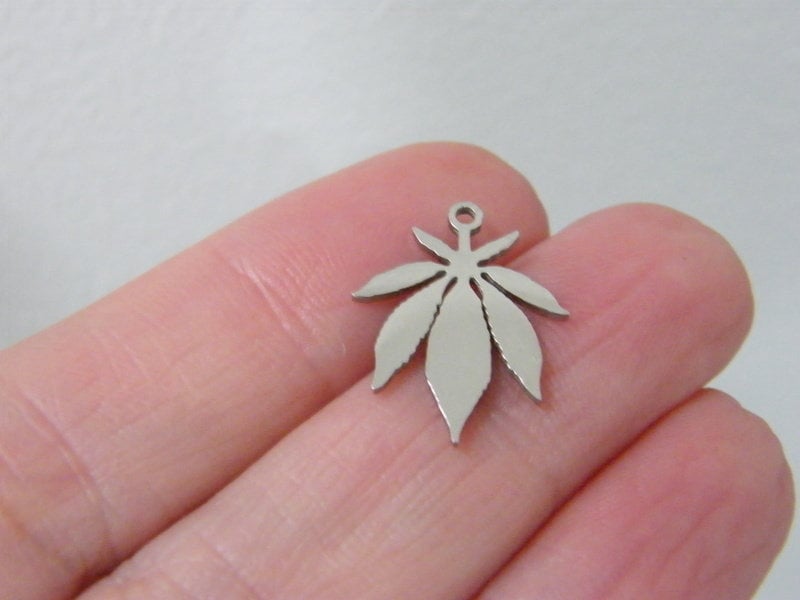 2 Marijuana weed leaf charms silver stainless steel L141