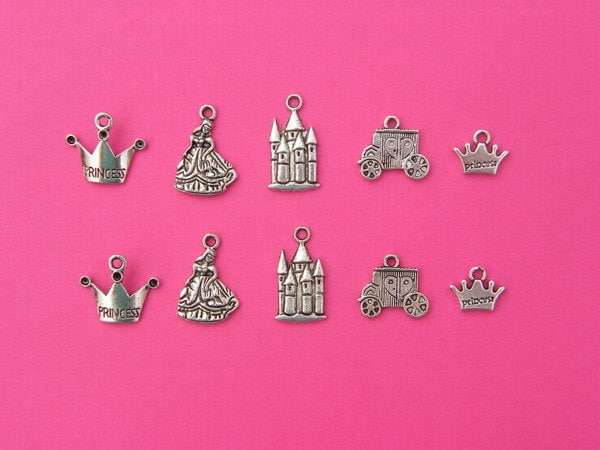 The Princess Collection - 10 antique silver tone charms