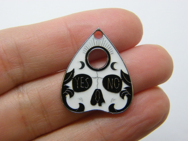 2 Ouija board planchette pendants black white silver tone HC1108