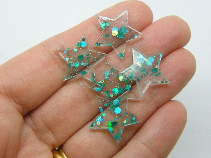 8 Star embellishment cabochon clear cyan glitter sequins resin S228