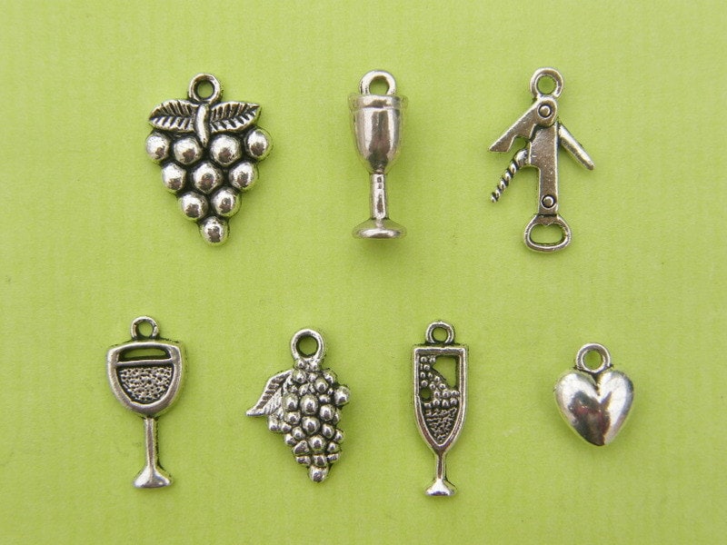 The Love Wine  Charms Collection -7 different antique silver tone charms