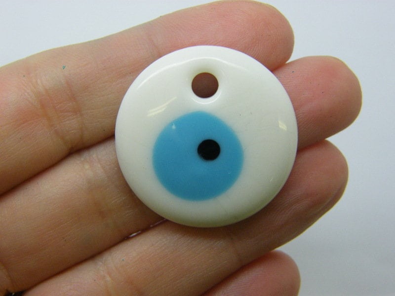 2 Evil eye round pendants hand made lamp work white blue black glass R25