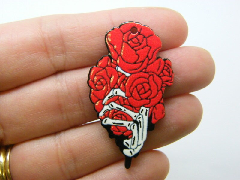8 Red roses skeleton hand Halloween pendants red white black acrylic HC1119