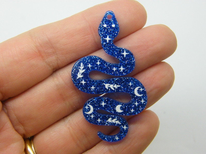 4 Snake pendants royal blue glitter star moon pattern acrylic A639