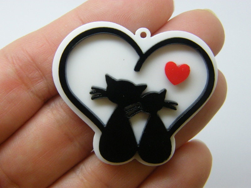 1 Heart cat couple  pendants white black red acrylic H166