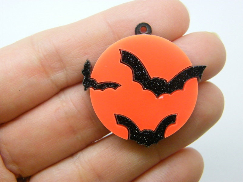 2  Bats pendant black orange acrylic HC1142