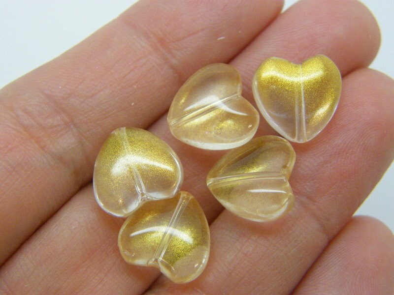 20 Heart beads clear glitter dust glass H131