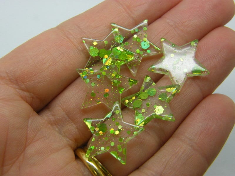 8 Star embellishment cabochon clear green glitter sequins resin S189