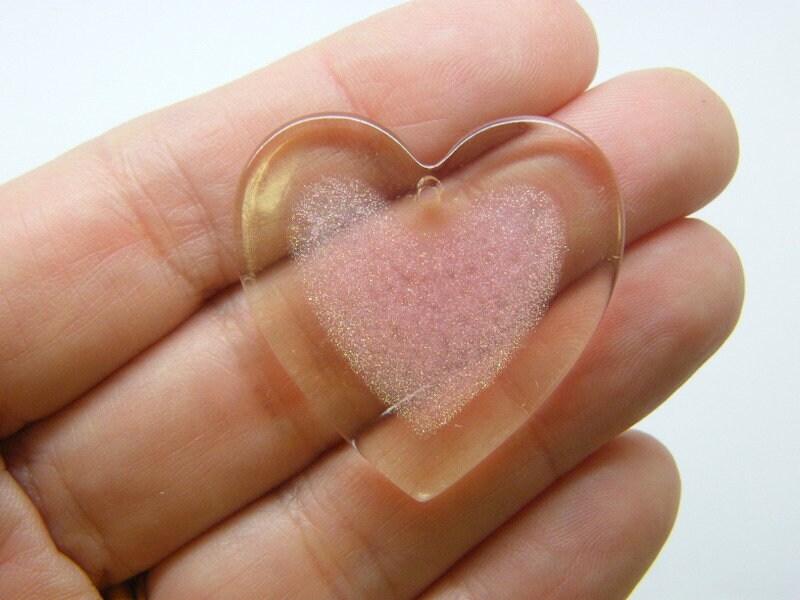 2 Heart pendants clear peach glitter resin H334