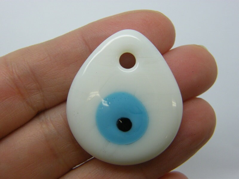 1 Evil eye teardrop pendant hand made lamp work white blue black glass R133