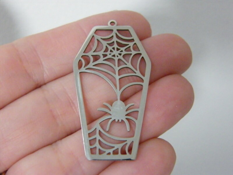 1  Coffin spiderweb spider pendant silver tone stainless steel HC1122