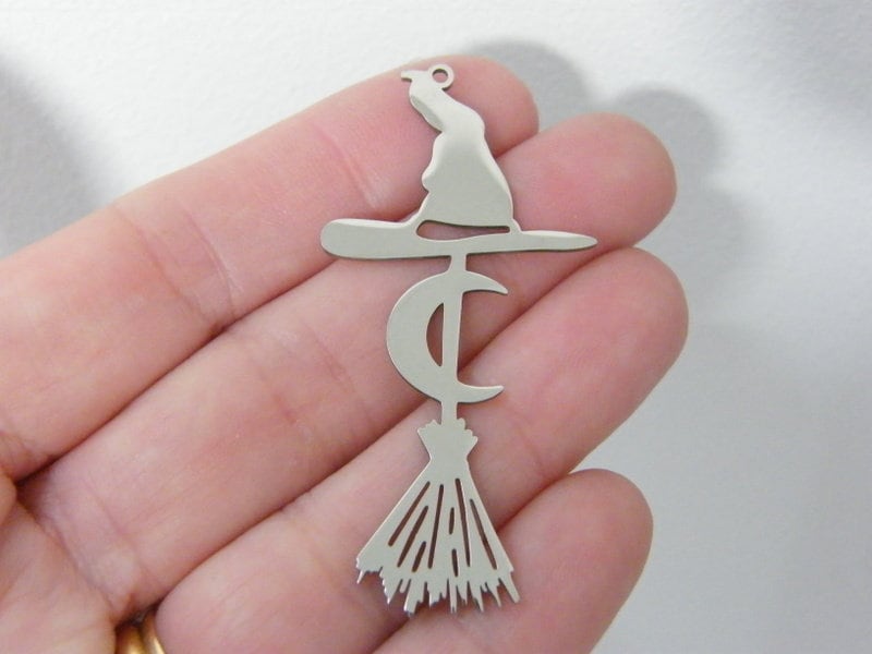 1  Broomstick witch hat moon Halloween pendant silver tone stainless steel HC1126