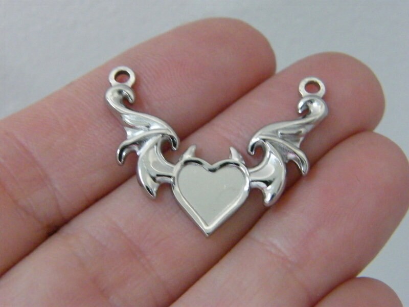 2 Heart devil wings connector charms bright silver tone stainless steel HC1133