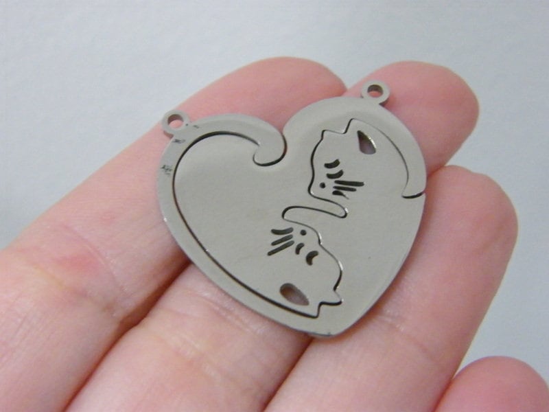 1 Cat 2 part heart charms silver stainless steel A179