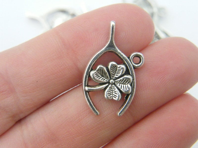 8 Wishbone four leaf clover charms antique silver tone L43
