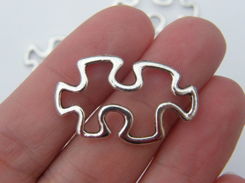 6 Puzzle piece connector charms silver plated tone P125