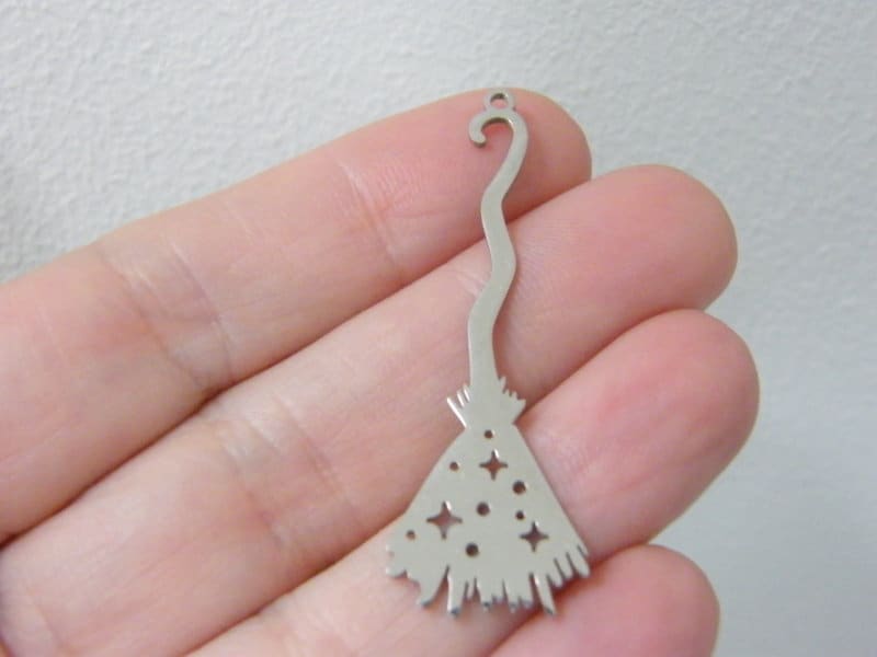 1  Broomstick witch Halloween pendant silver tone stainless steel HC373