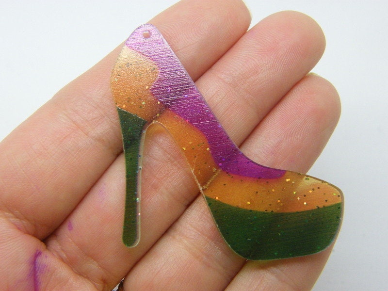 2 High heel shoe pendants fuchsia yellow green glitter acrylic CA29