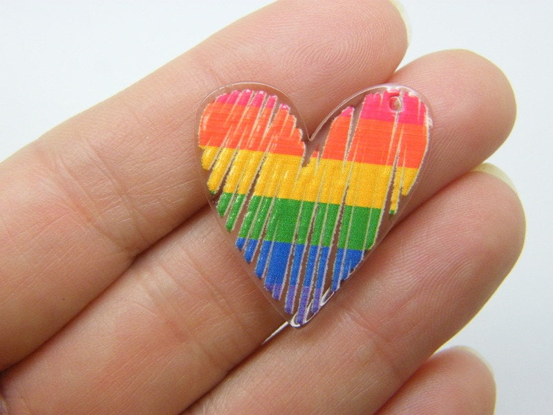 4 Heart rainbow pendants clear acrylic H267