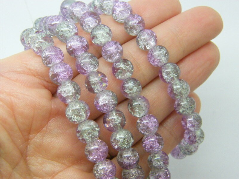 100 Purple and grey crackle beads 8mm glass B37 - SALE 50% OFF
