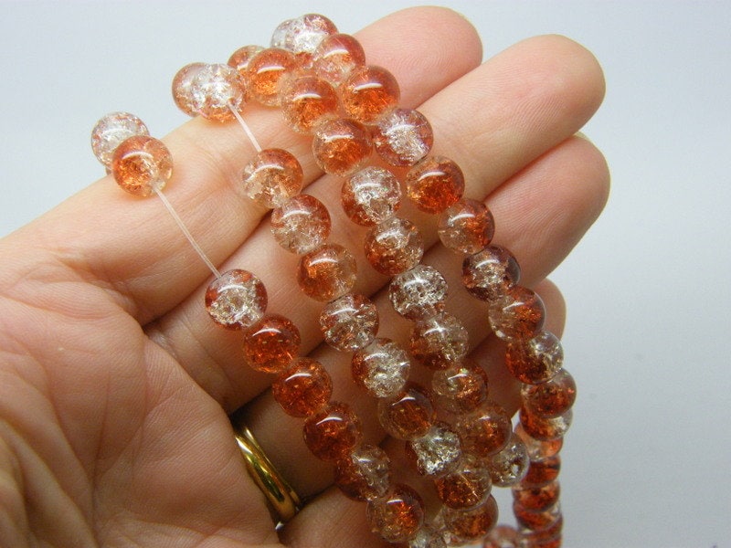 100 Caramel brown and clear crackle round beads glass B137 - SALE 50% OFF