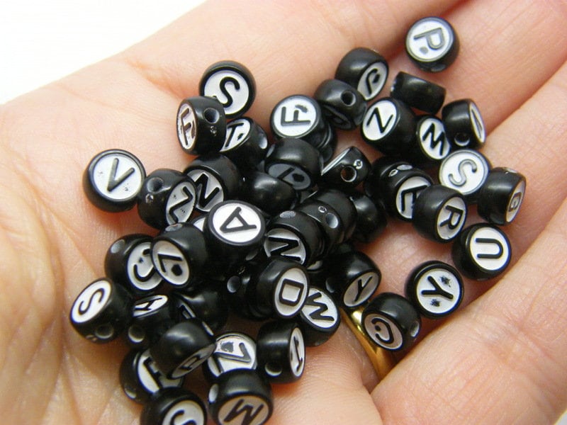 100 Letter beads white and black 6.5 x 6mm random mixed acrylic BB877  