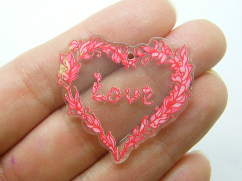 4 Heart love flower wreath pendants red clear acrylic H56