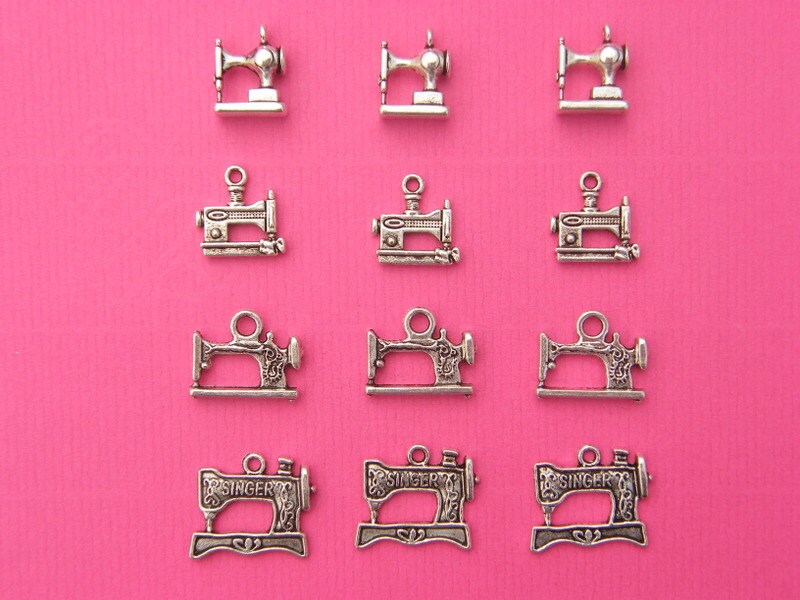 The Sewing Machine Collection - 12 antique silver tone charms, 4 different types