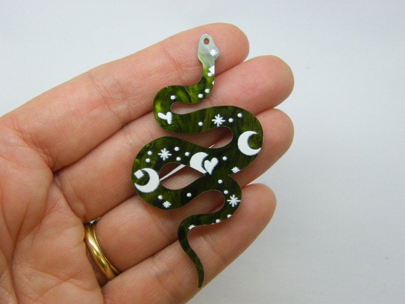 2 Snake pendants green white acrylic A707