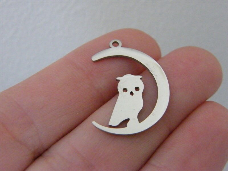 2 Owl moon charm pendants silver stainless steel B73