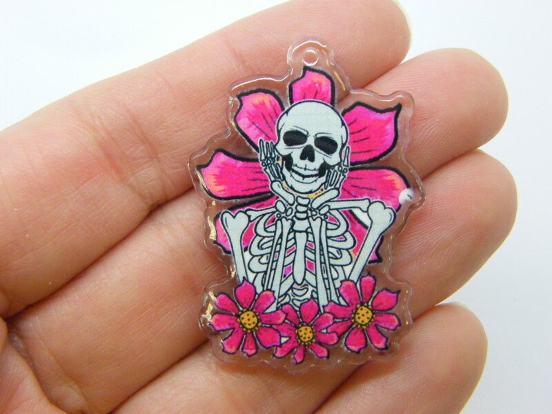 2 Skeleton flower card pendant pink white clear acrylic HC192