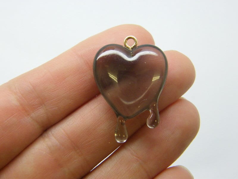 2 Dripping melting heart pendants charcoal resin gold bail H186