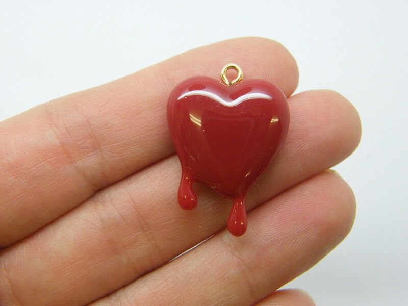 2 Dripping melting heart pendants red resin gold bail H225