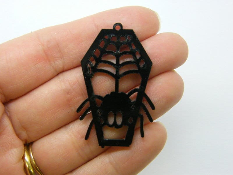 2 Spider spiderweb coffin pendants black acrylic HC703