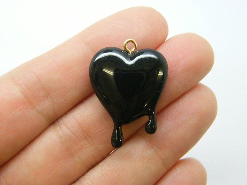 2 Dripping melting heart pendants black resin gold bail H35