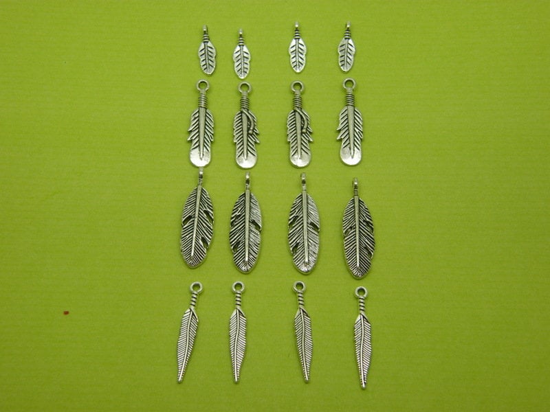 The Feather Collection - 16 antique silver tone charms 4 styles