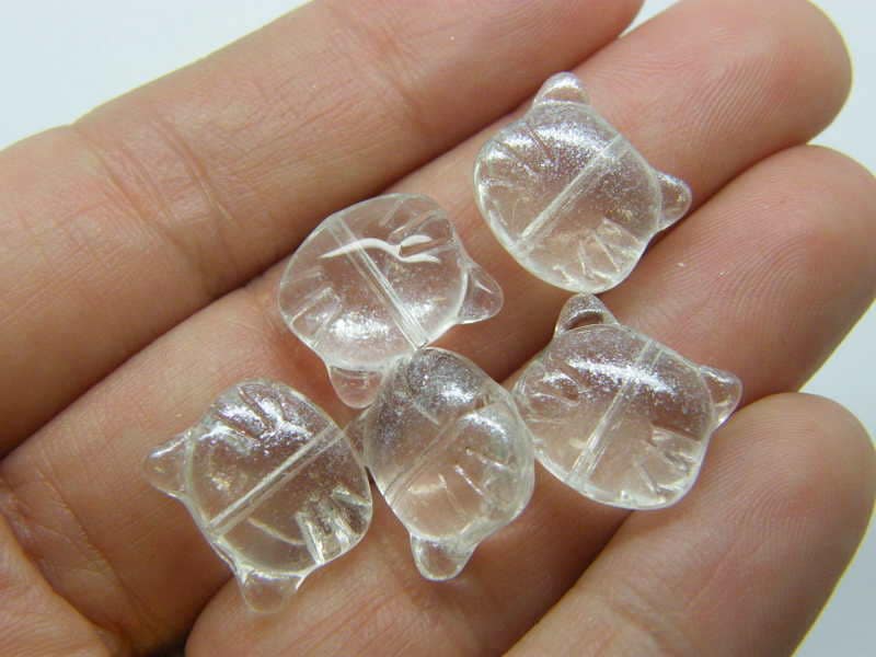 10 Cat face bead clear silver dust glass A777