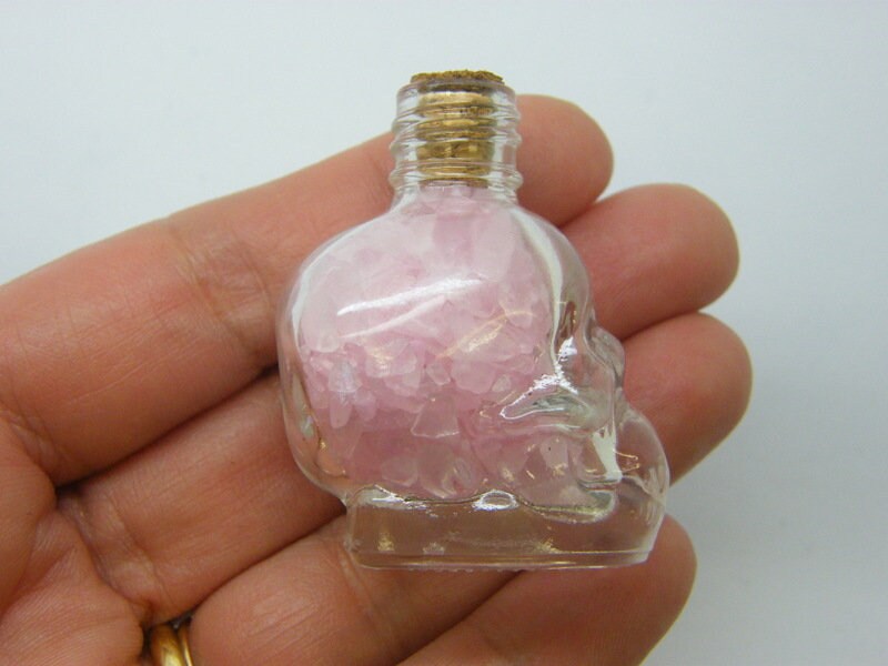 1 Skull glass bottle with cork pink stones G039-02