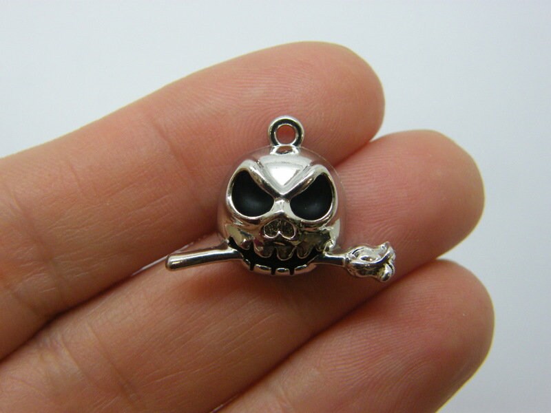 2 Skull with rose in mouth charms silver tone HC1162