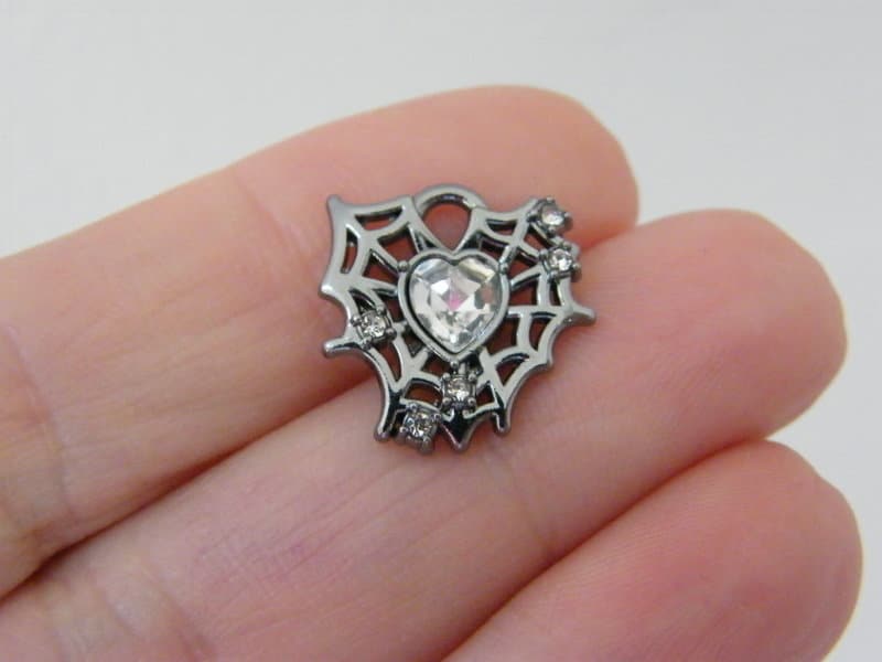 2 Spiderweb  charms clear glass heart silver tone HC1161