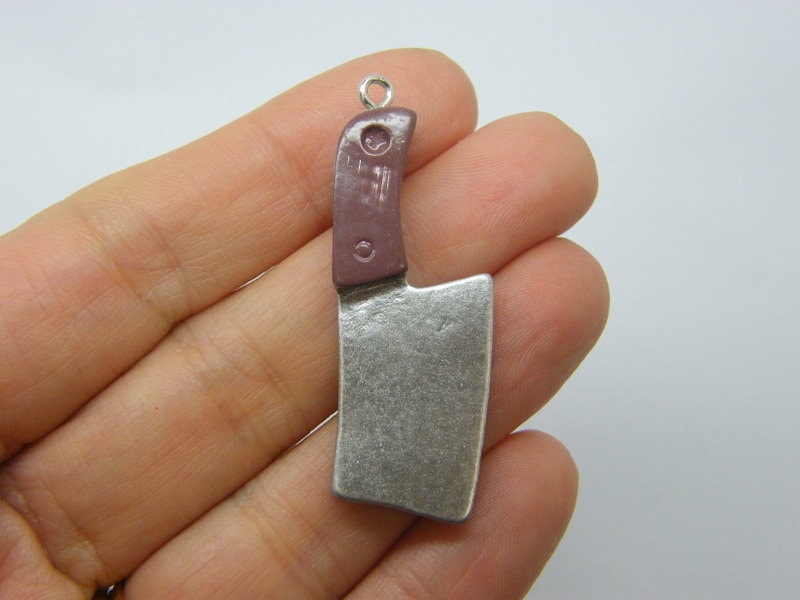4 Meat cleaver knife charms silver brown resin FD15
