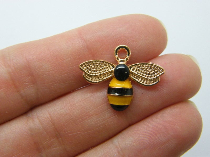 6 Bee charm black yellow gold tone A901