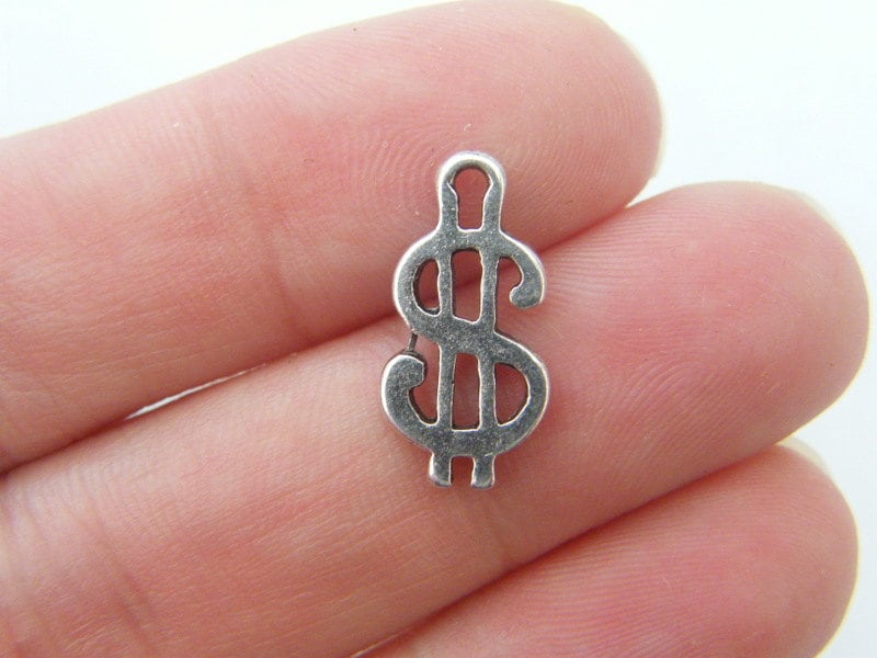 12 Dollar sign charms antique silver tone WT97