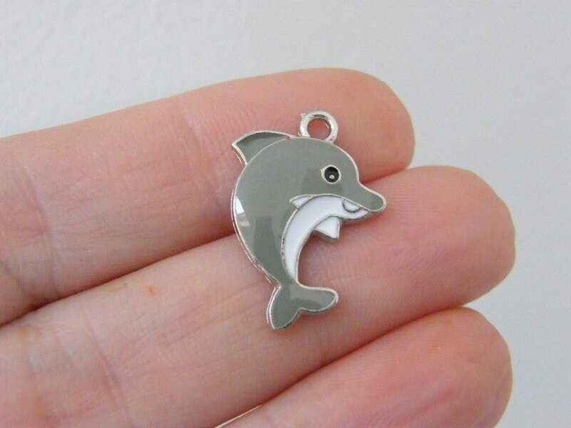 12 Dolphin charms grey white silver tone FF233