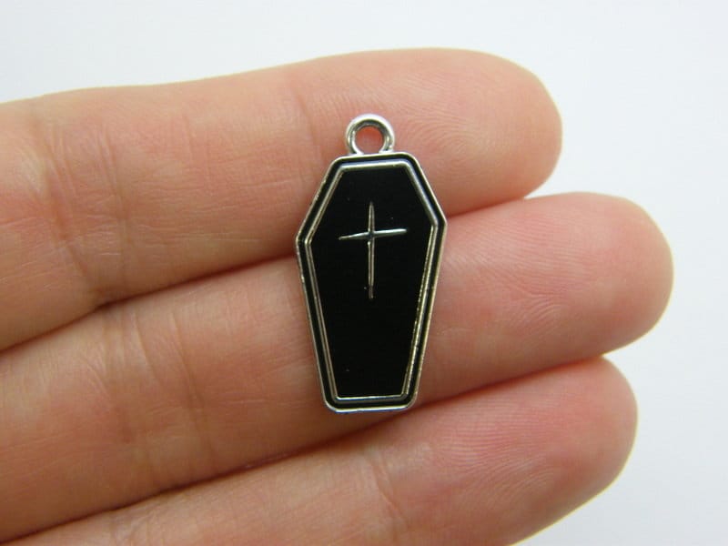 4 Coffin charms silver and black tone HC572