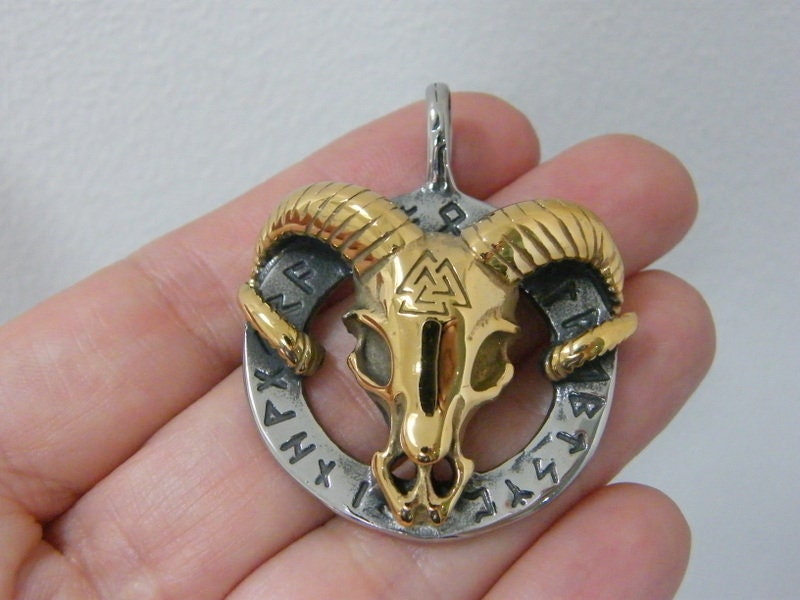 1 Ram goat skull runes pendant gold silver stainless steel A542
