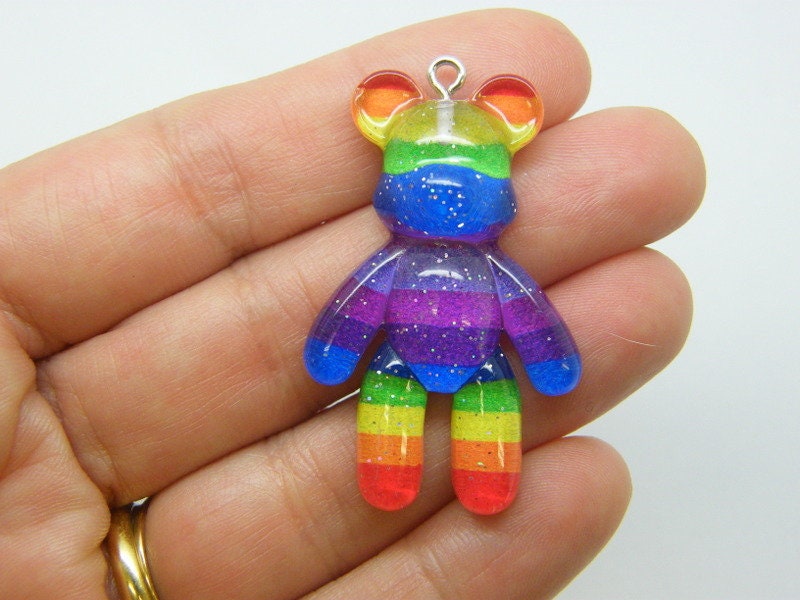 2 Bear rainbow stripe pendants resin P123